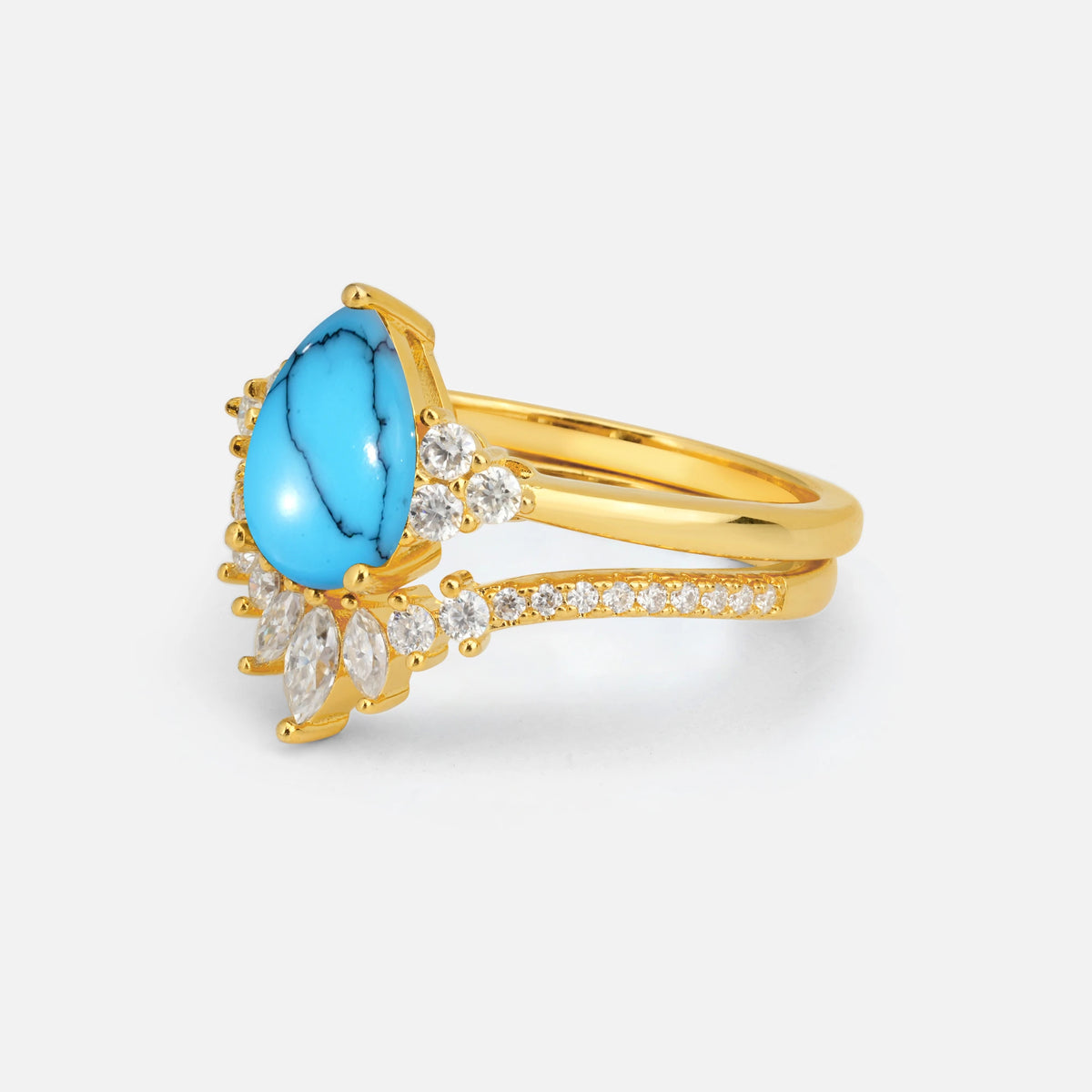 Pear Cut Turquoise Floral Chevron Bridal Ring Set - Additional view