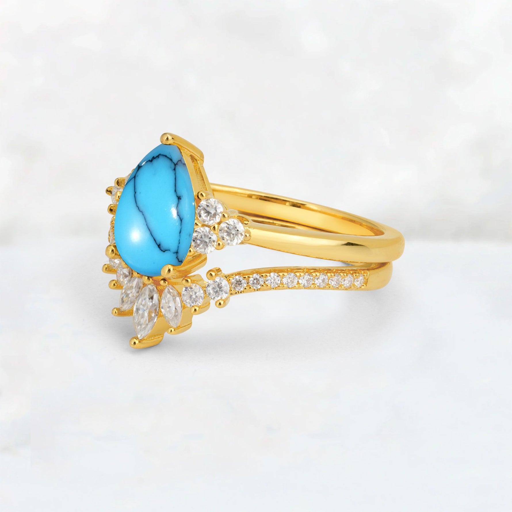 Pear Cut Turquoise Floral Chevron Bridal Ring Set - Additional view