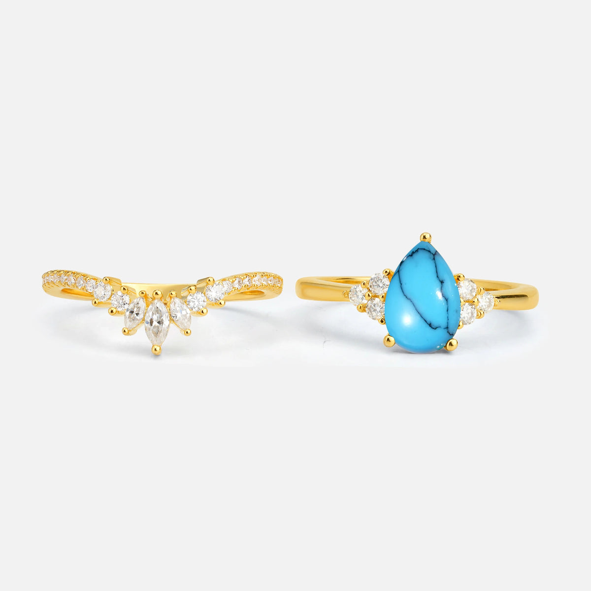 Pear Cut Turquoise Floral Chevron Bridal Ring Set - Additional view