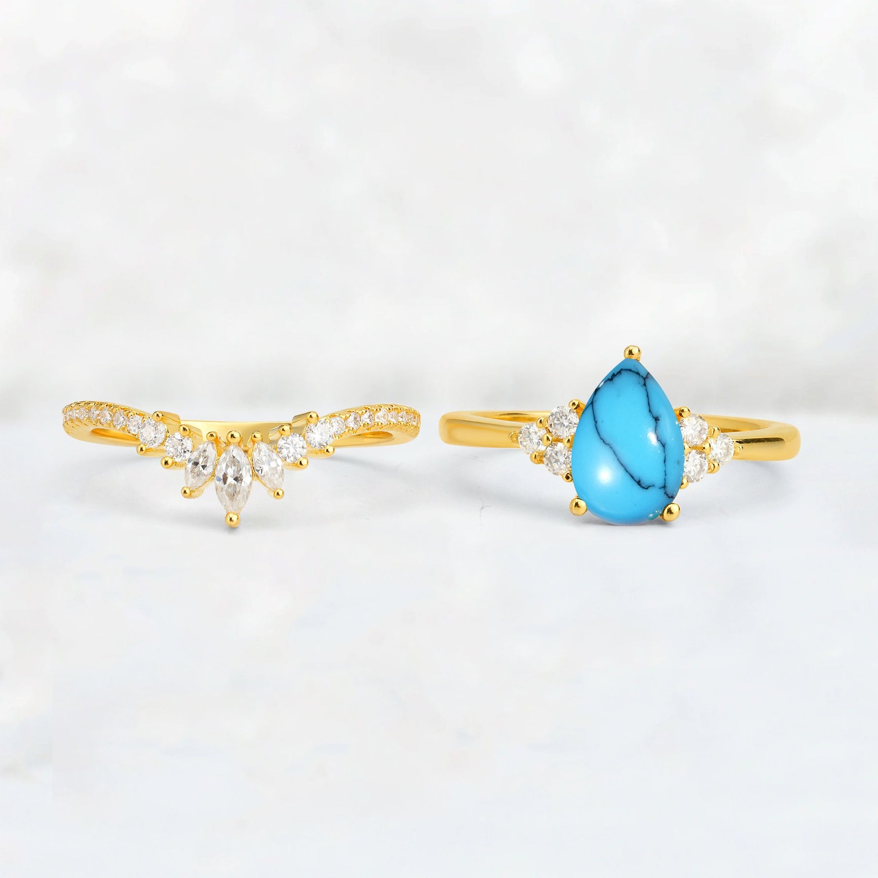 Pear Cut Turquoise Floral Chevron Bridal Ring Set - Additional view