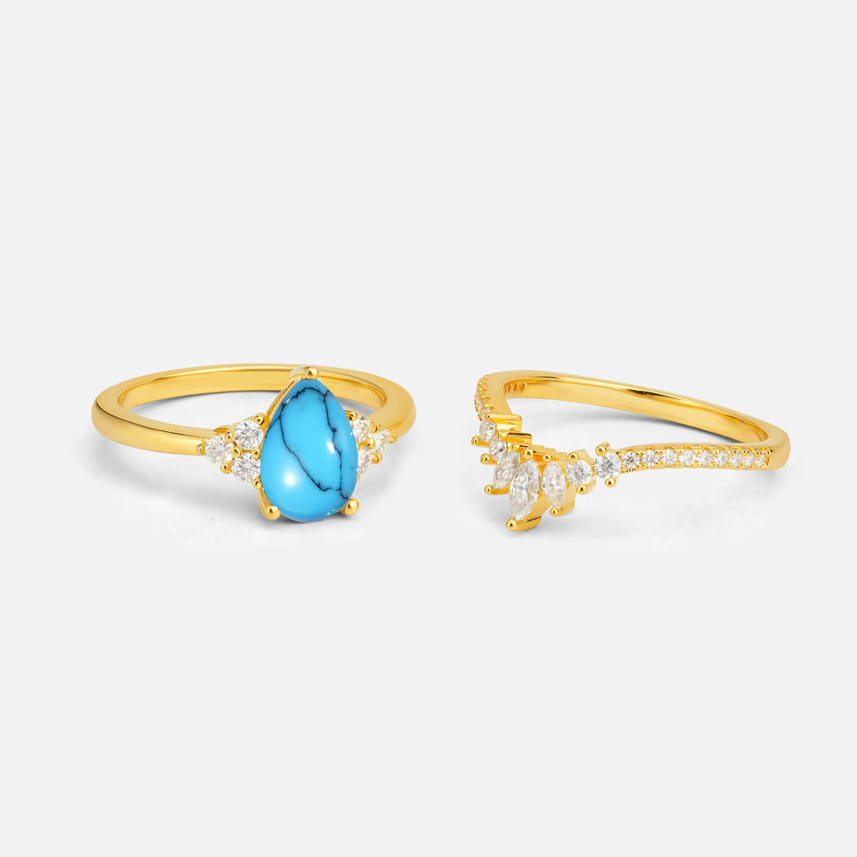 Pear Cut Turquoise Floral Chevron Bridal Ring Set - Additional view