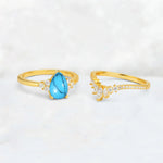 Pear Cut Turquoise Floral Chevron Bridal Ring Set - Additional view