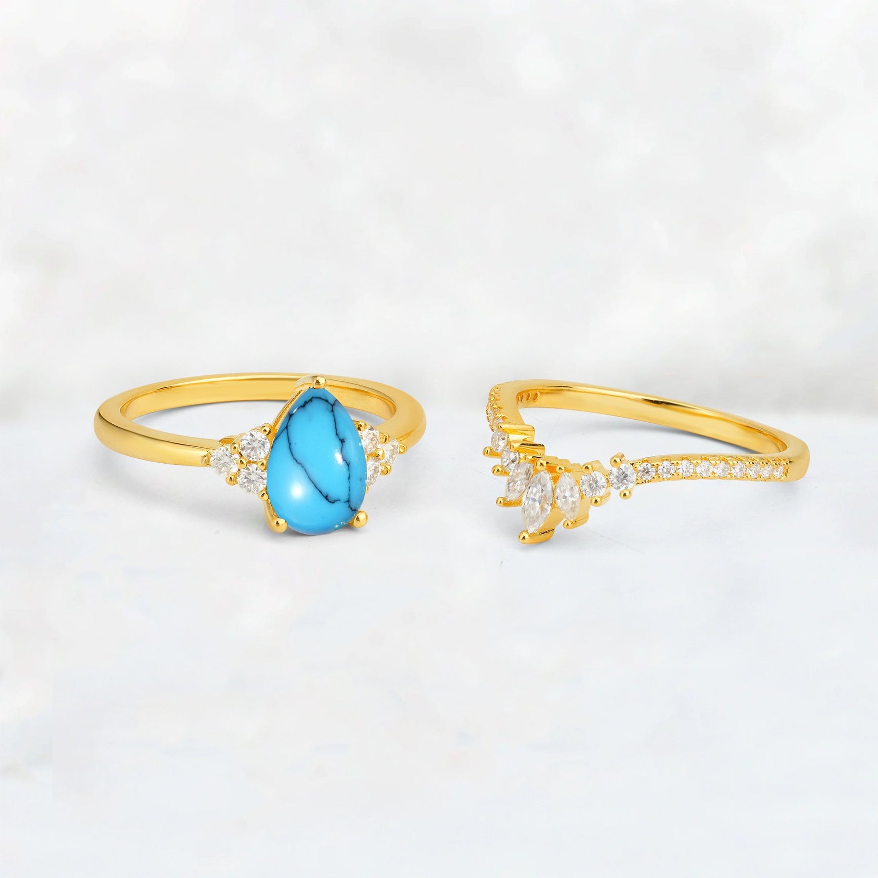 Pear Cut Turquoise Floral Chevron Bridal Ring Set - Additional view