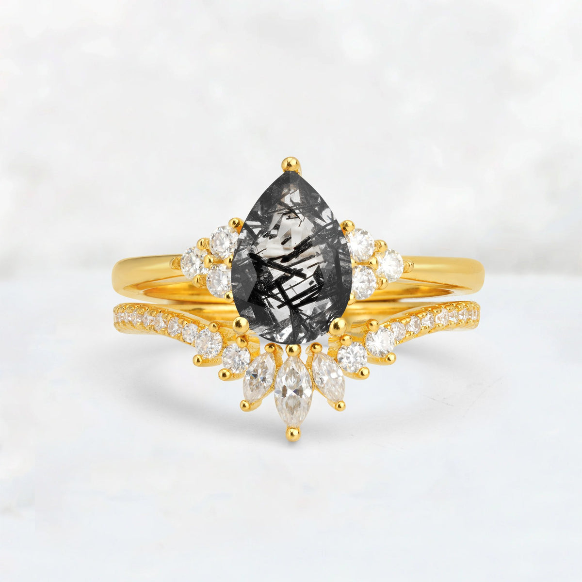 Pear Cut Black Rutilated Quartz Floral Chevron Bridal Ring Set - Additional view