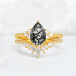 Pear Cut Black Rutilated Quartz Floral Chevron Bridal Ring Set - Additional view