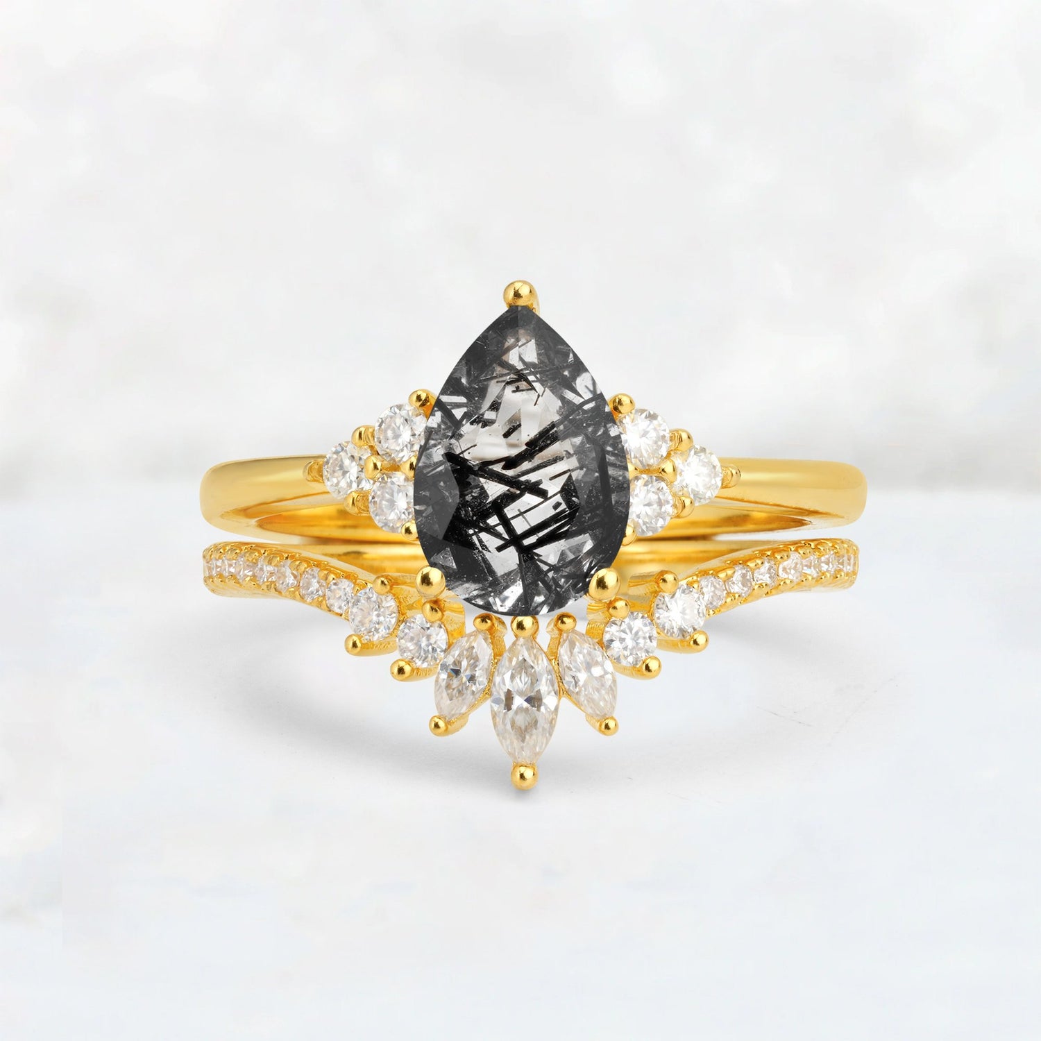 Pear Cut Black Rutilated Quartz Floral Chevron Bridal Ring Set - Additional view