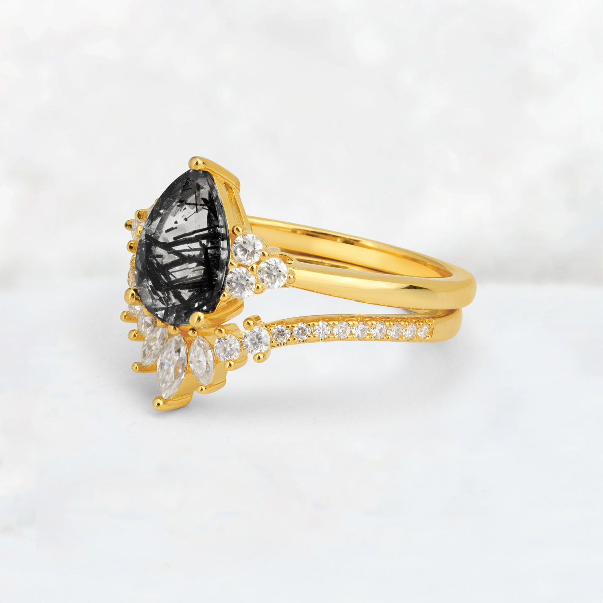 Pear Cut Black Rutilated Quartz Floral Chevron Bridal Ring Set - Additional view
