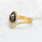 Pear Cut Black Rutilated Quartz Floral Chevron Bridal Ring Set - Additional view