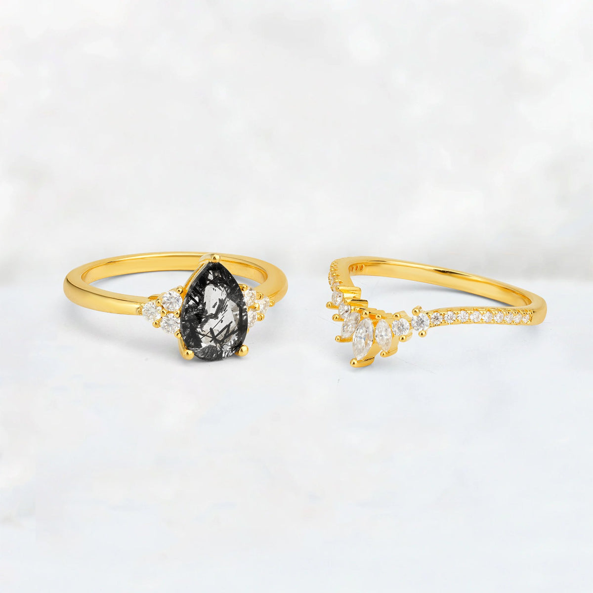 Pear Cut Black Rutilated Quartz Floral Chevron Bridal Ring Set - Additional view