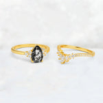 Pear Cut Black Rutilated Quartz Floral Chevron Bridal Ring Set - Additional view