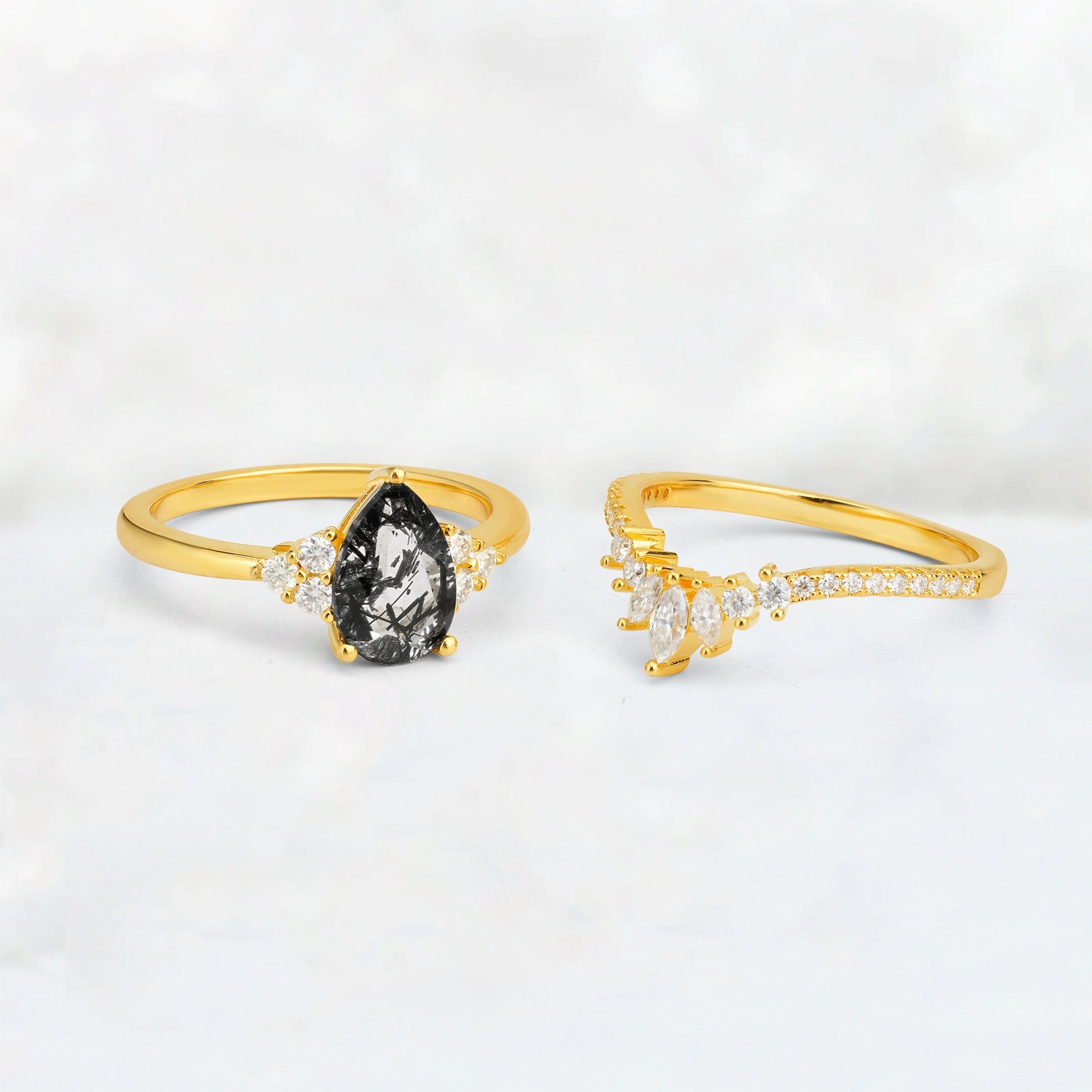 Pear Cut Black Rutilated Quartz Floral Chevron Bridal Ring Set - Additional view