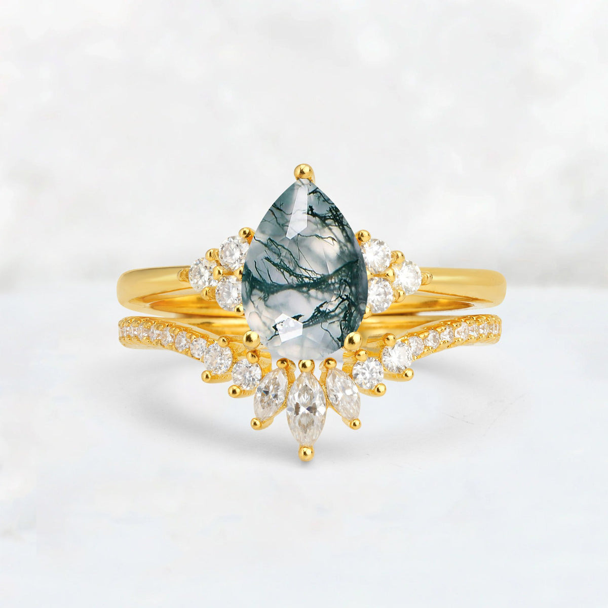 Pear Cut Moss Agate Floral Chevron Bridal Ring Set - Additional view