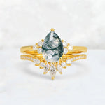 Pear Cut Moss Agate Floral Chevron Bridal Ring Set - Additional view