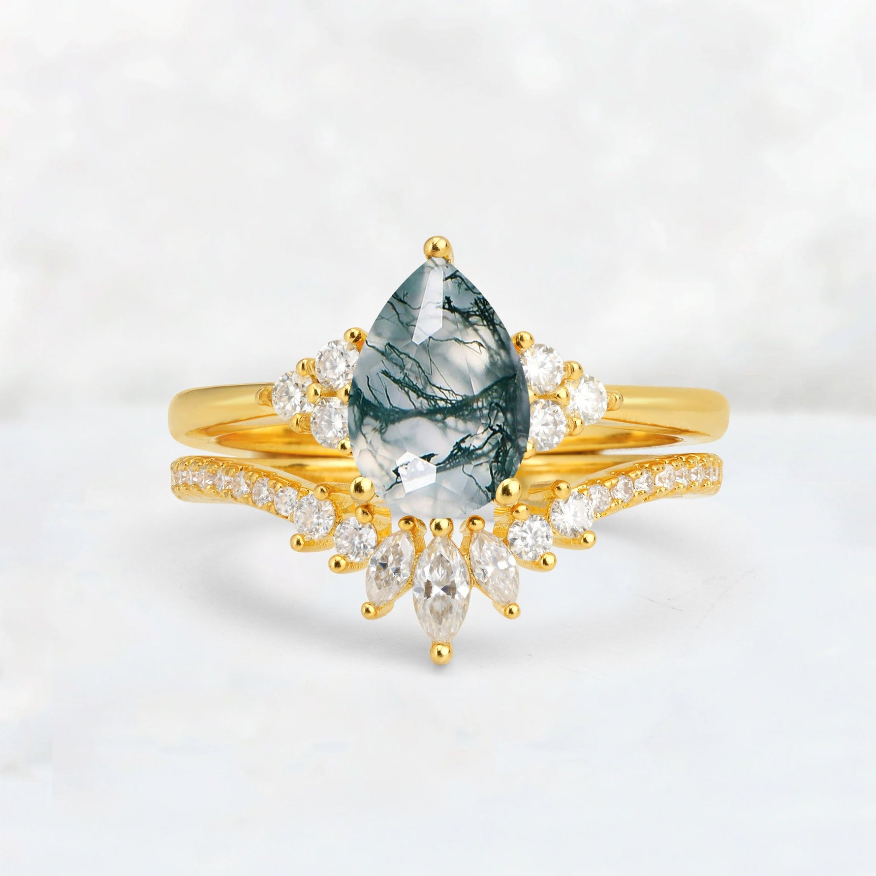 Pear Cut Moss Agate Floral Chevron Bridal Ring Set - Additional view