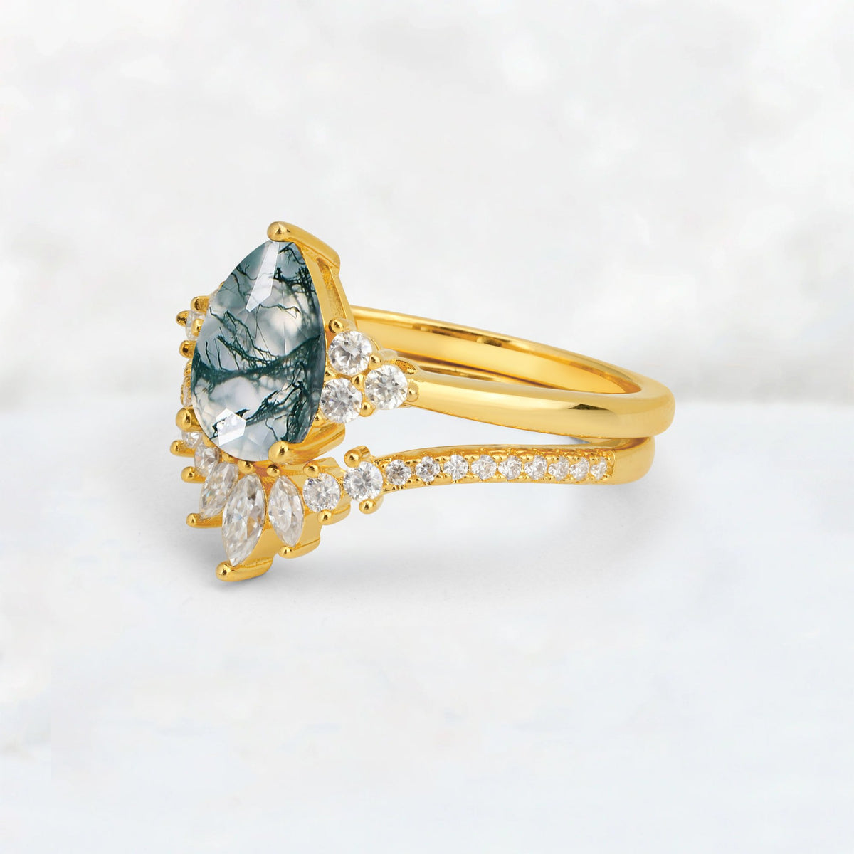 Pear Cut Moss Agate Floral Chevron Bridal Ring Set - Additional view