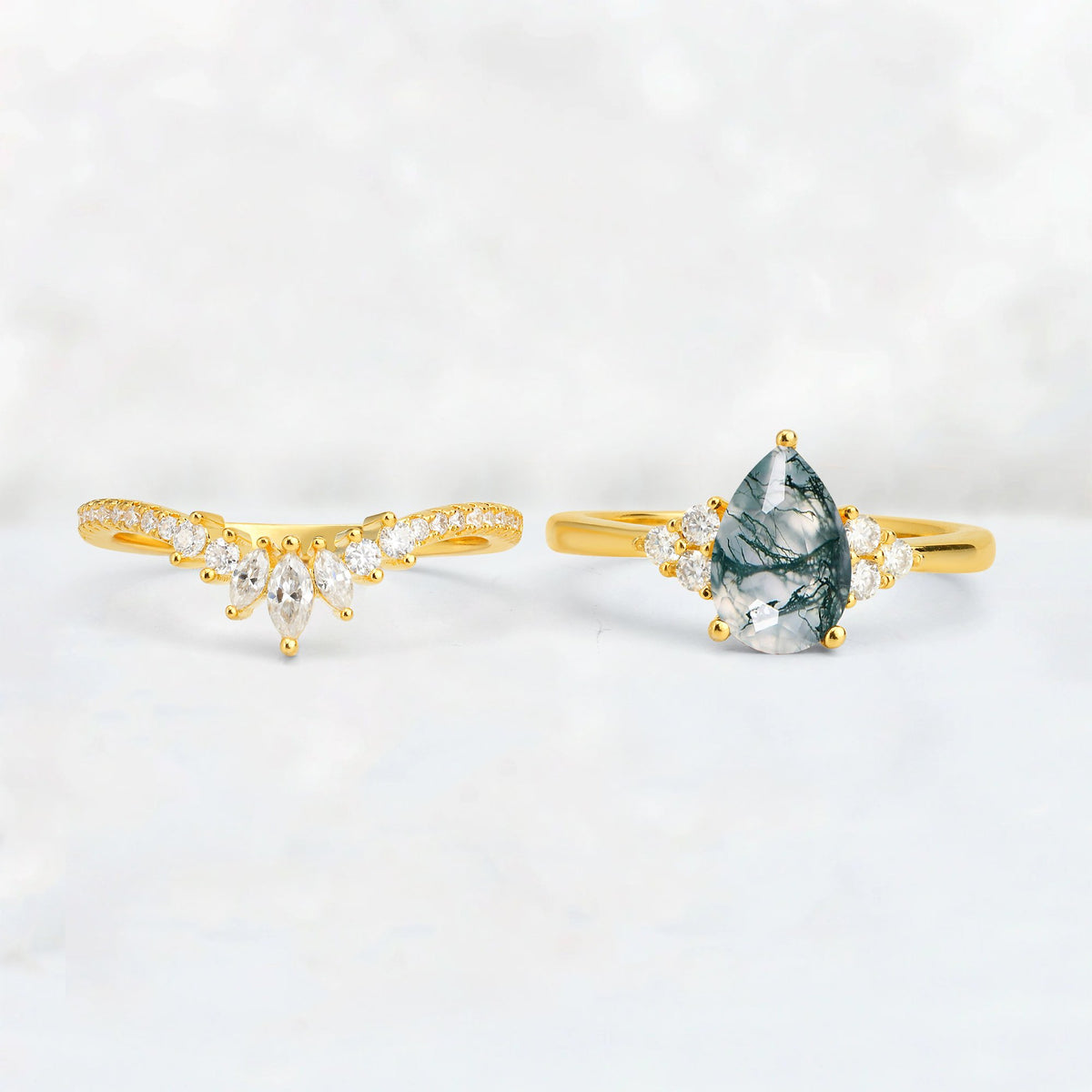 Pear Cut Moss Agate Floral Chevron Bridal Ring Set - Additional view