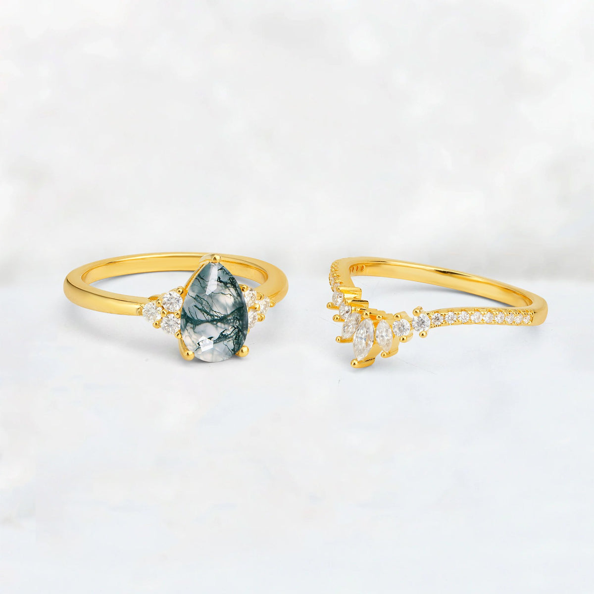 Pear Cut Moss Agate Floral Chevron Bridal Ring Set - Additional view
