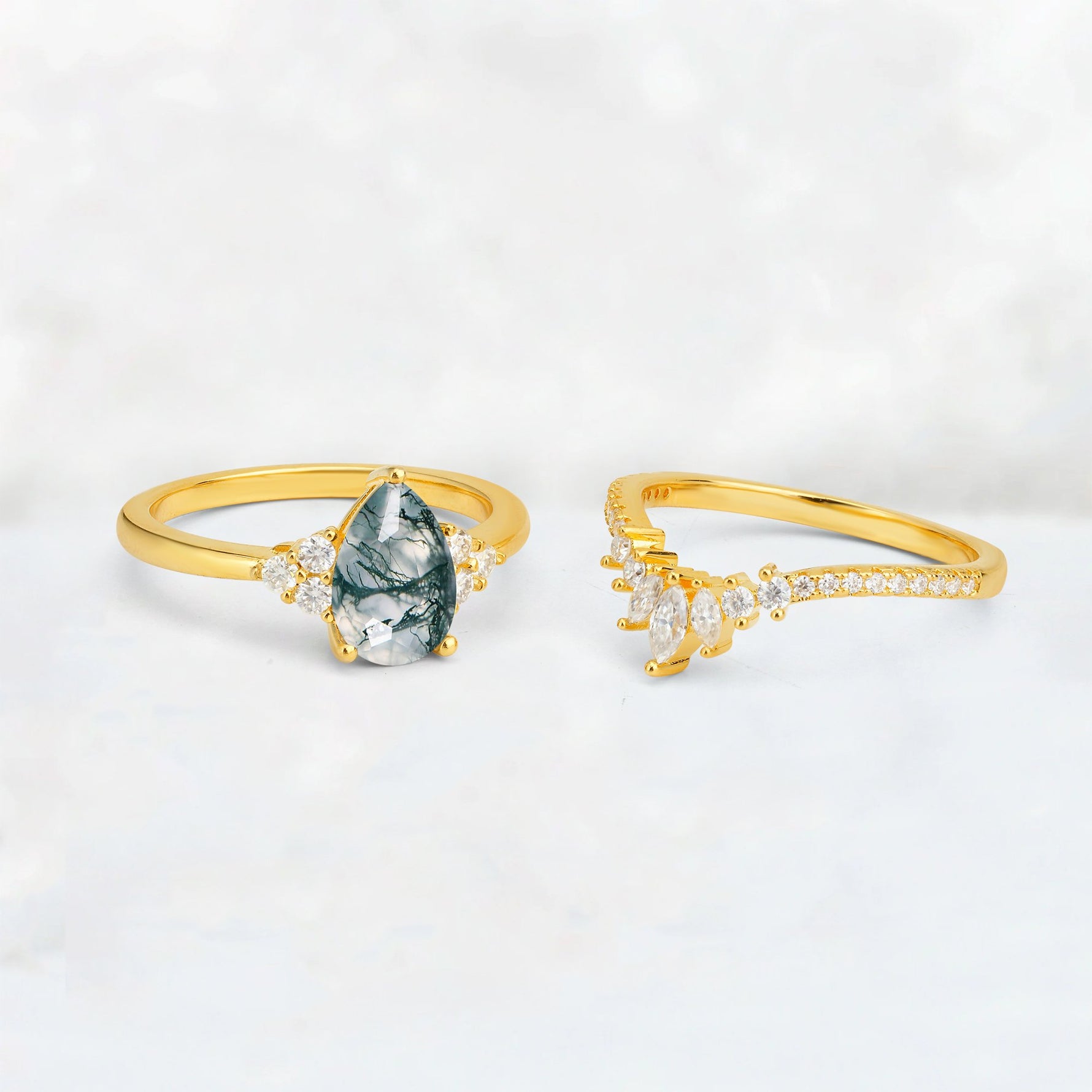 Pear Cut Moss Agate Floral Chevron Bridal Ring Set - Additional view
