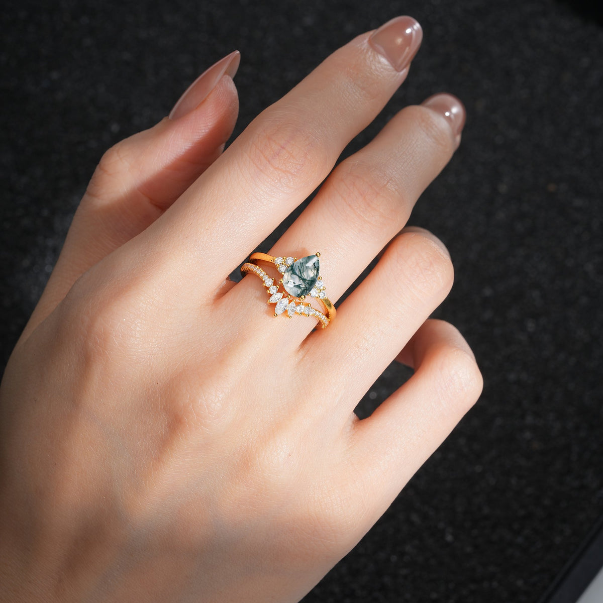 Pear Cut Moss Agate Floral Chevron Bridal Ring Set - Additional view