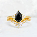 Pear Cut Black Onyx Floral Chevron Bridal Ring Set - Additional view