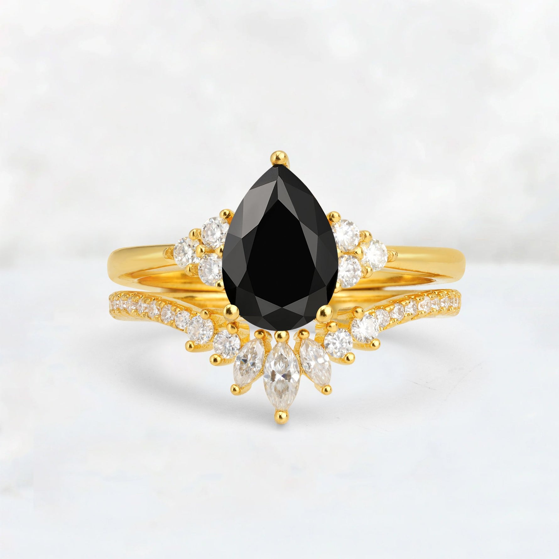 Pear Cut Black Onyx Floral Chevron Bridal Ring Set - Additional view