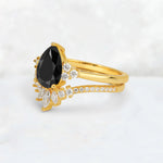 Pear Cut Black Onyx Floral Chevron Bridal Ring Set - Additional view