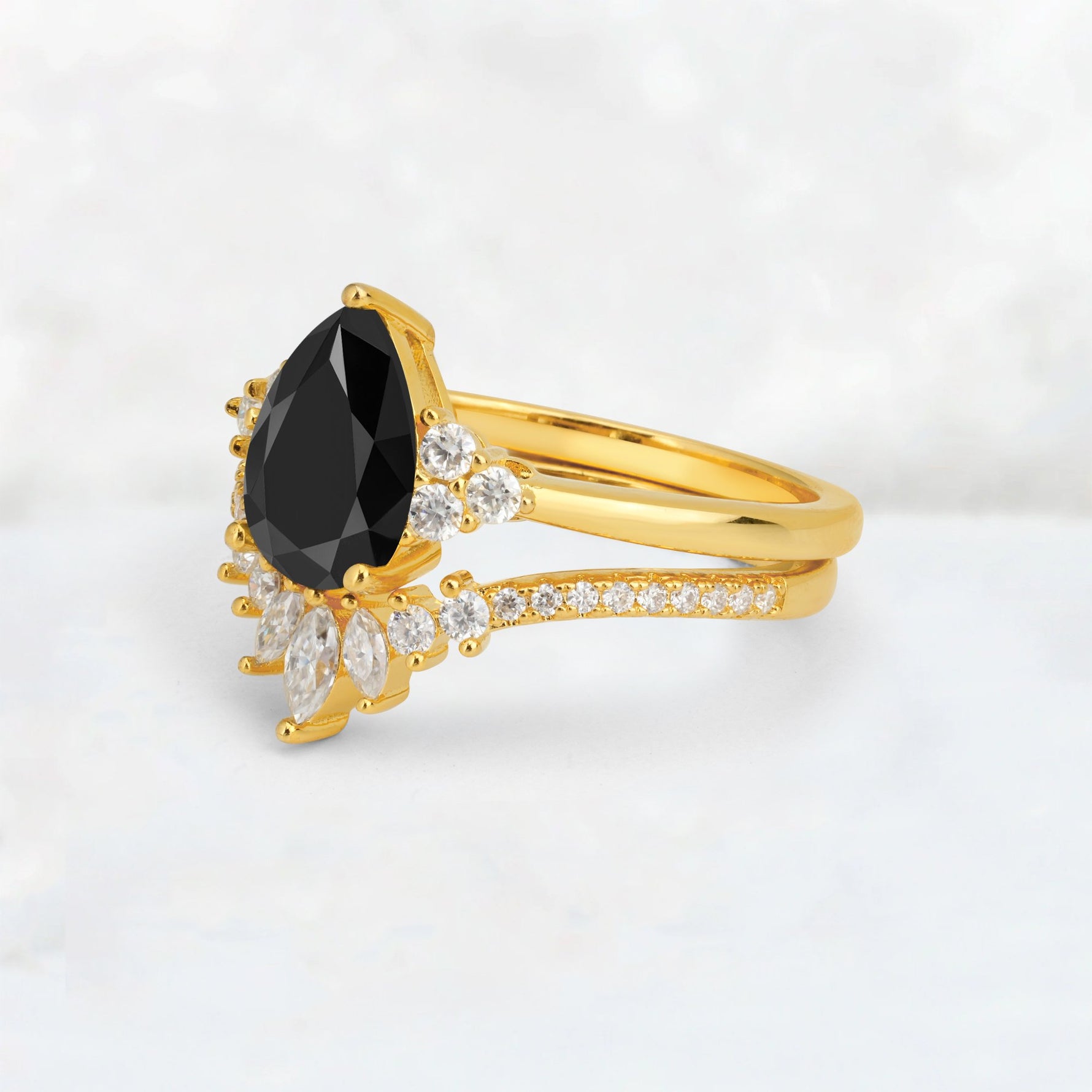 Pear Cut Black Onyx Floral Chevron Bridal Ring Set - Additional view
