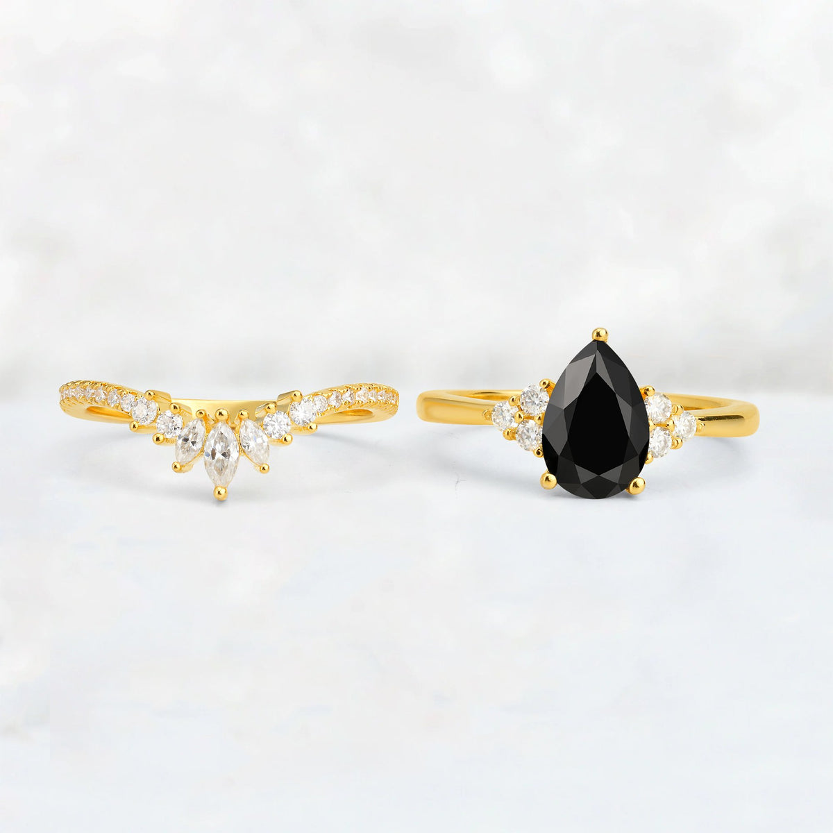 Pear Cut Black Onyx Floral Chevron Bridal Ring Set - Additional view