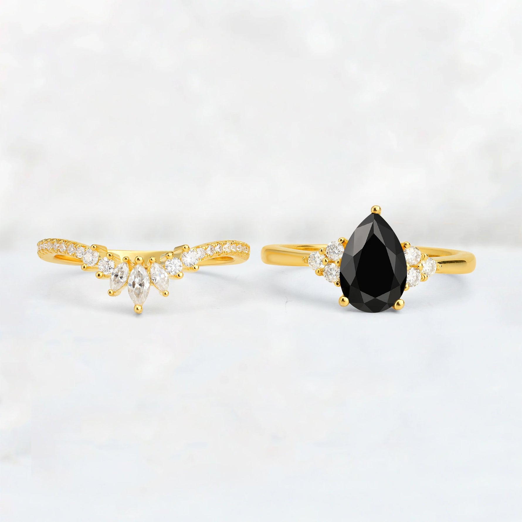 Pear Cut Black Onyx Floral Chevron Bridal Ring Set - Additional view