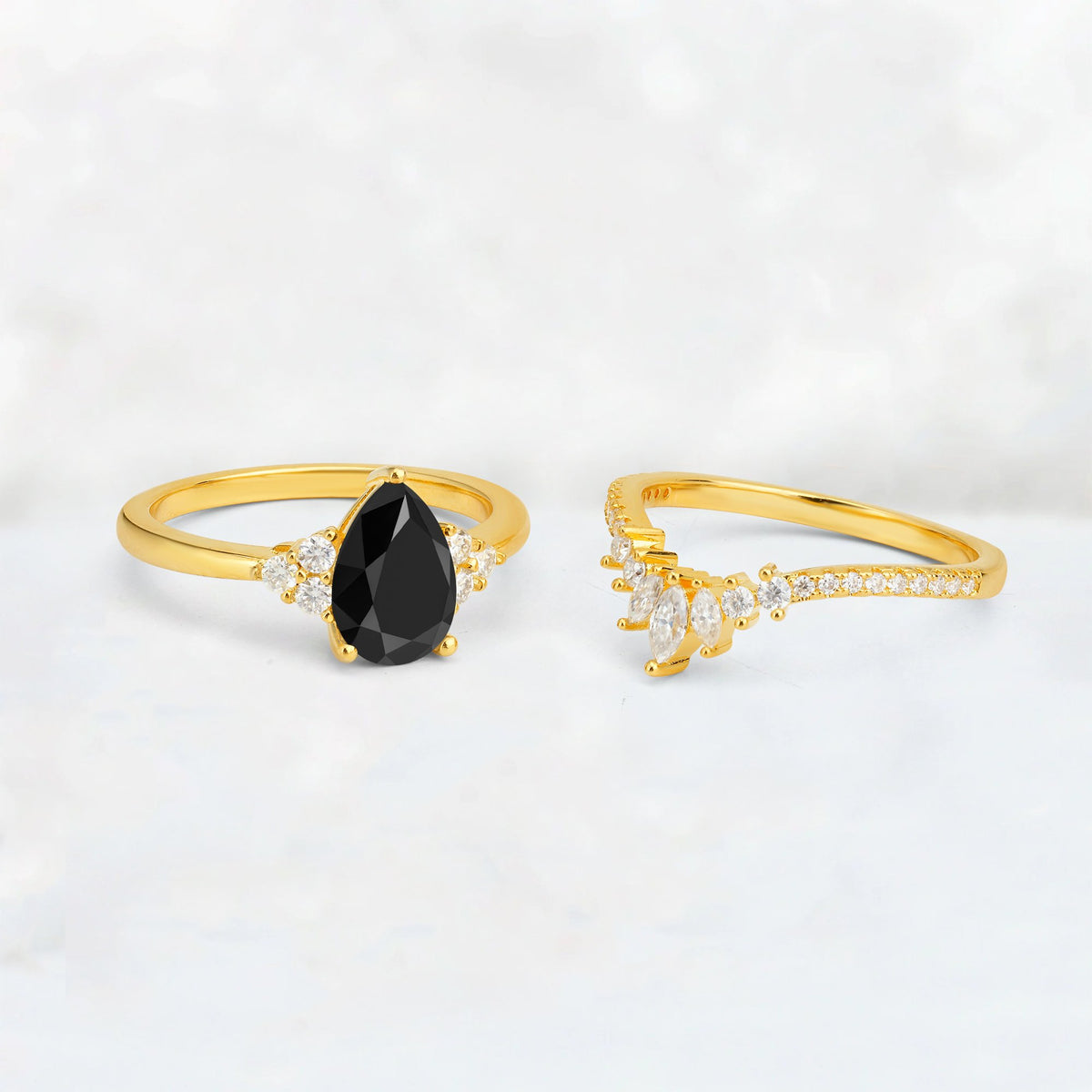 Pear Cut Black Onyx Floral Chevron Bridal Ring Set - Additional view