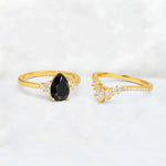 Pear Cut Black Onyx Floral Chevron Bridal Ring Set - Additional view