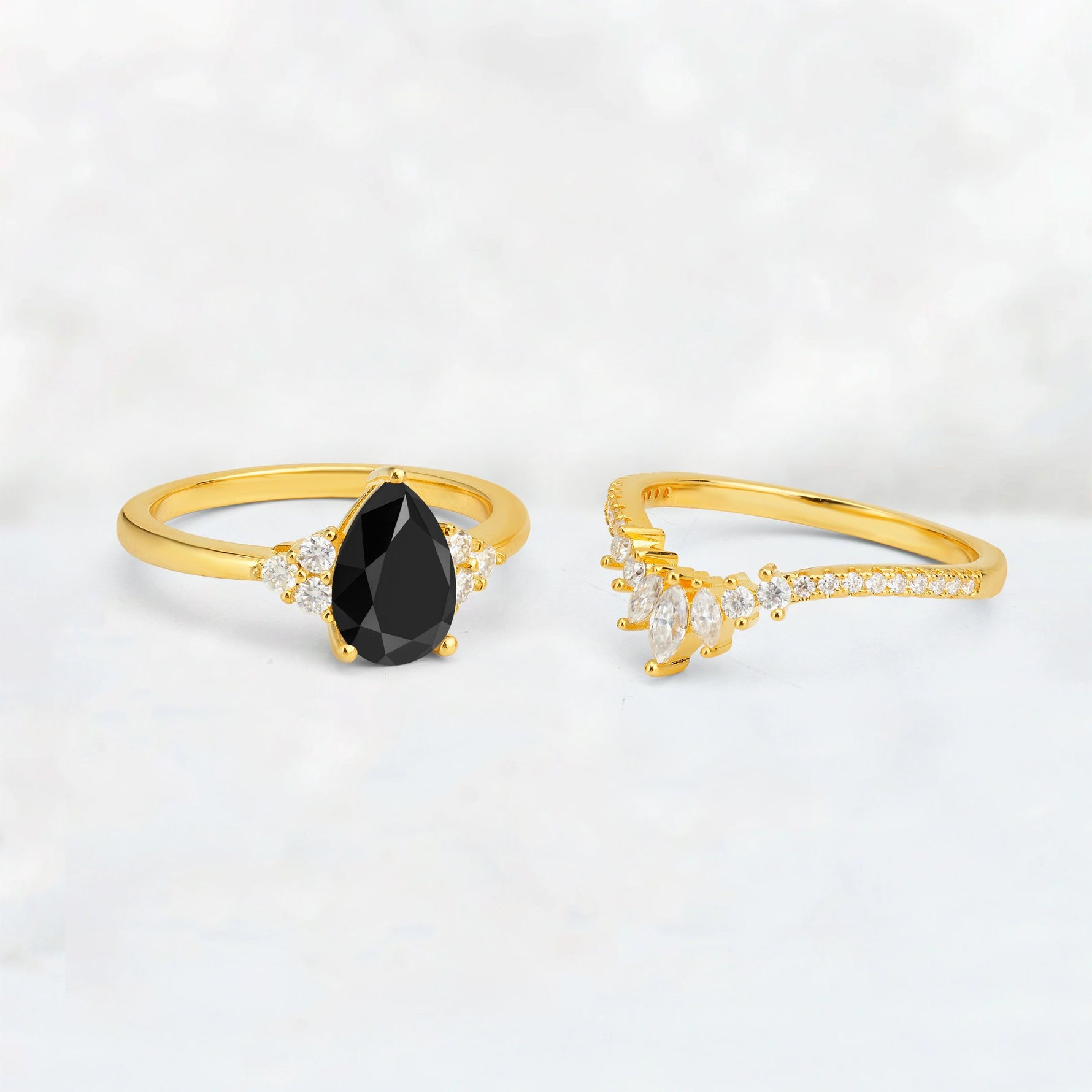 Pear Cut Black Onyx Floral Chevron Bridal Ring Set - Additional view