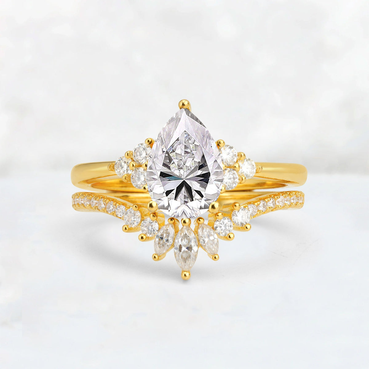 Pear Cut Lab Diamond Floral Chevron Bridal Ring Set - Additional view