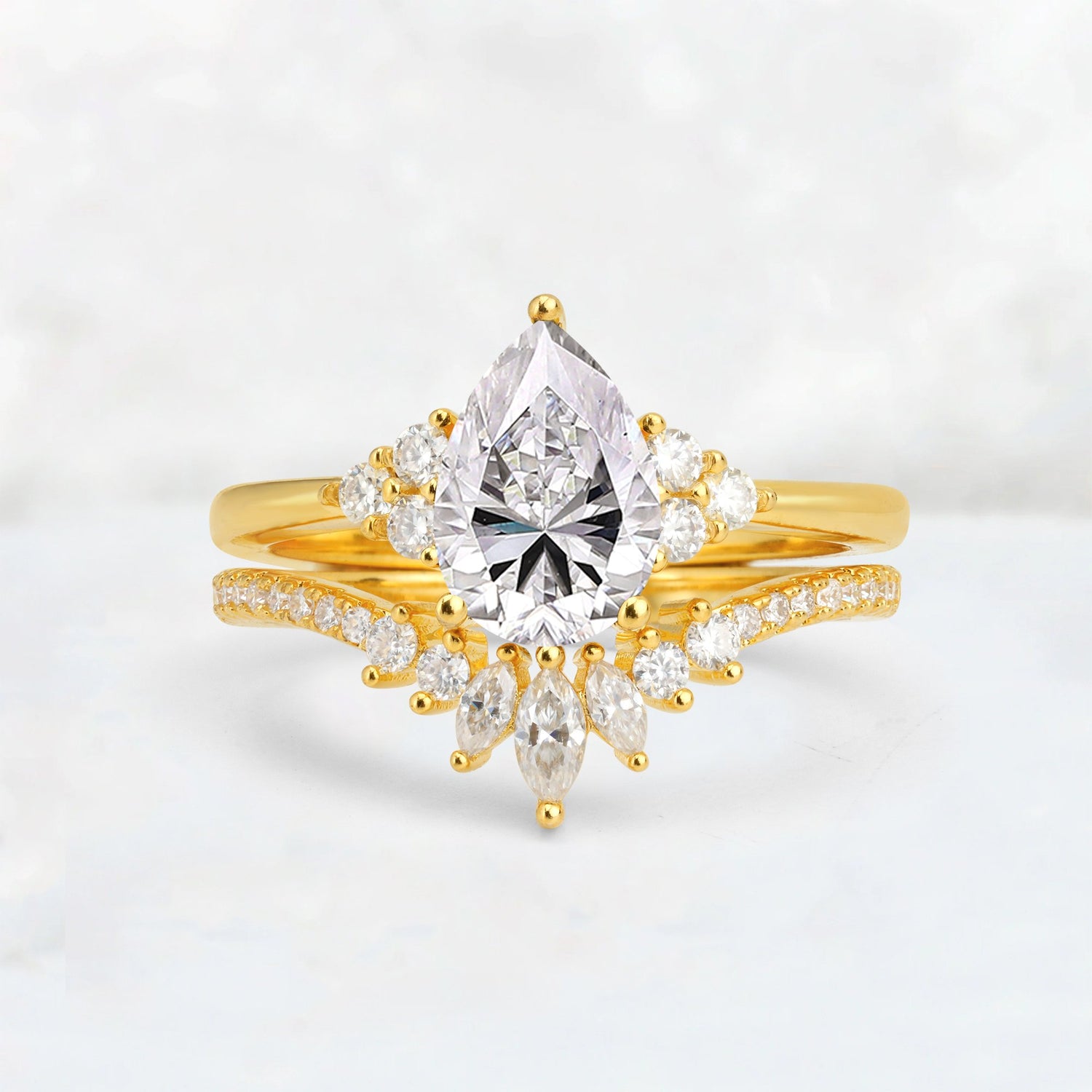 Pear Cut Lab Diamond Floral Chevron Bridal Ring Set - Additional view