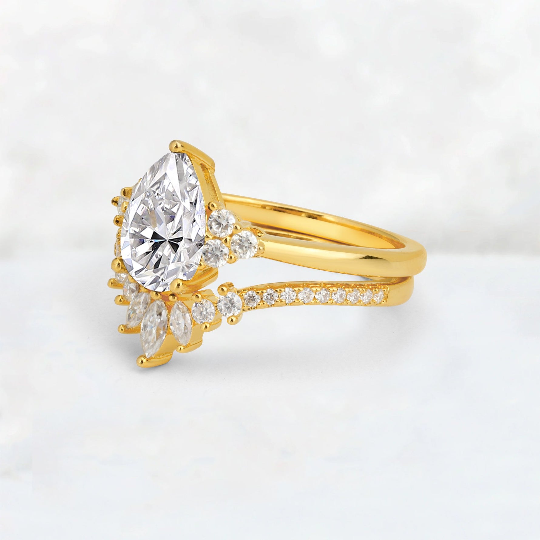 Pear Cut Lab Diamond Floral Chevron Bridal Ring Set - Additional view
