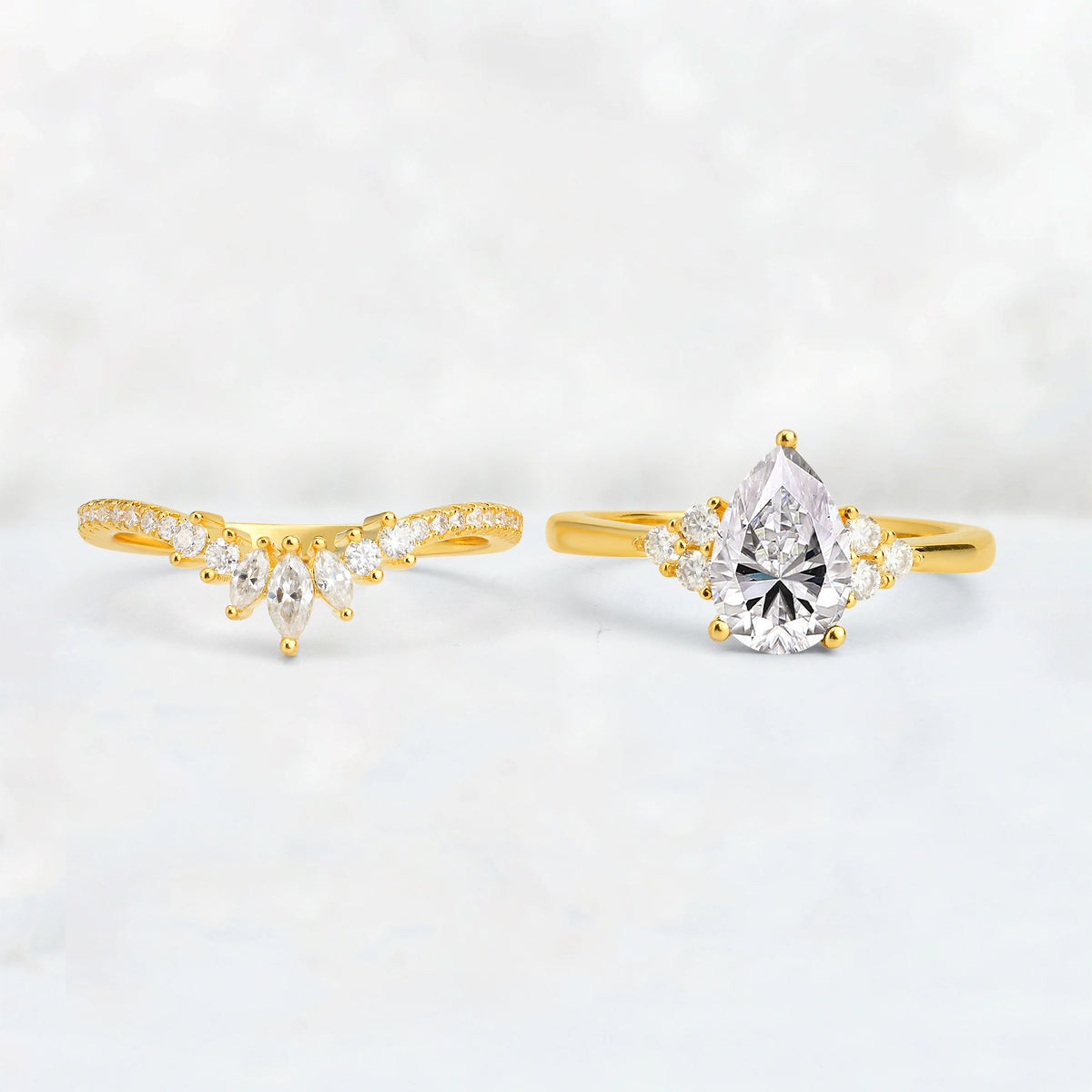 Pear Cut Lab Diamond Floral Chevron Bridal Ring Set - Additional view
