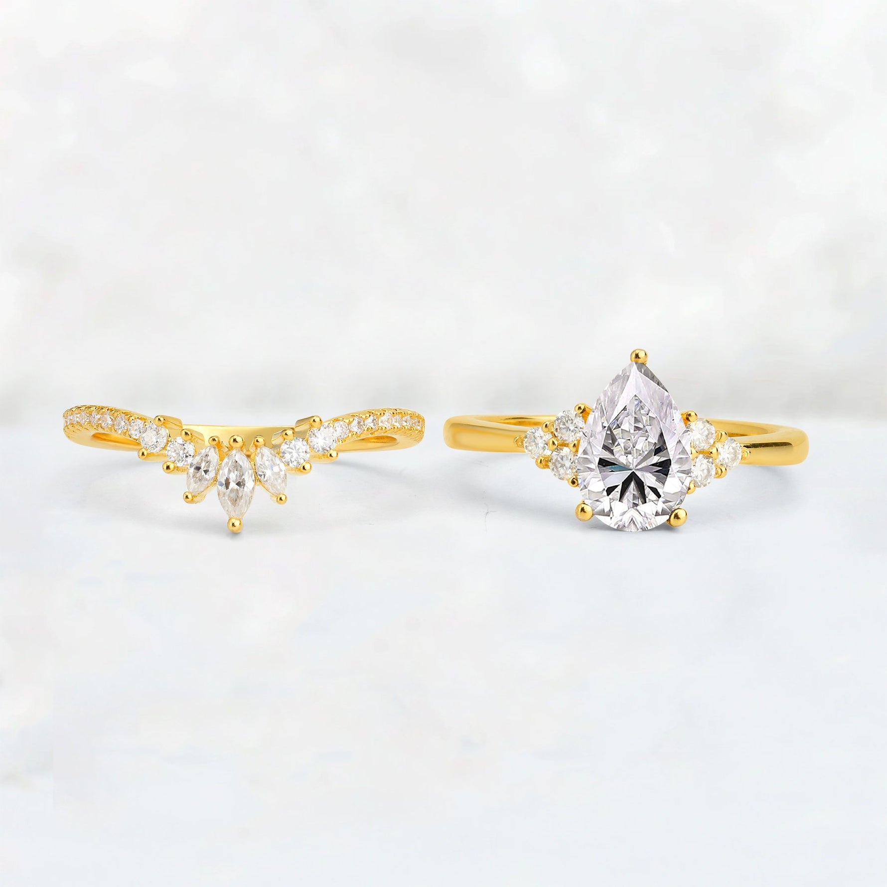 Pear Cut Lab Diamond Floral Chevron Bridal Ring Set - Additional view