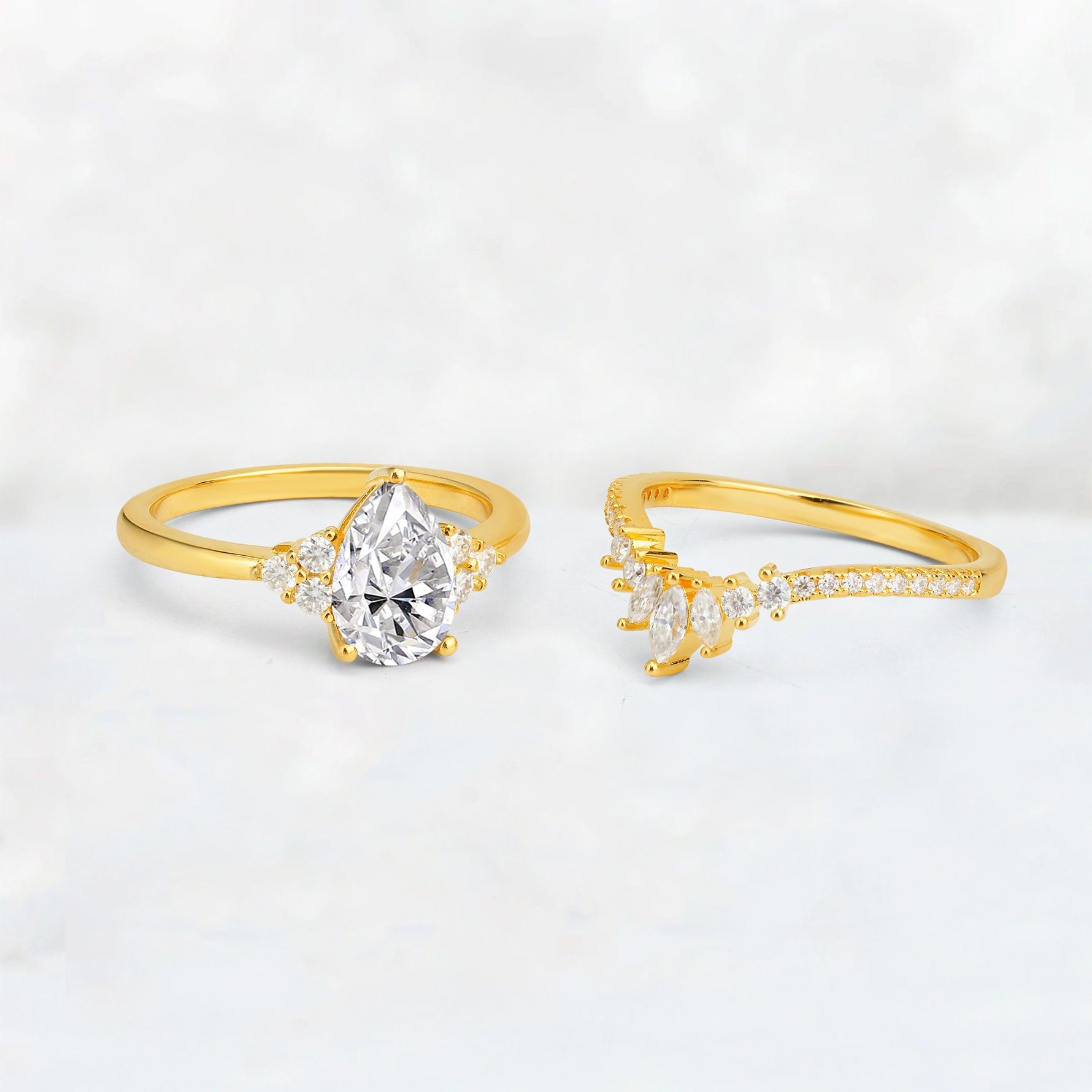 Pear Cut Lab Diamond Floral Chevron Bridal Ring Set - Additional view