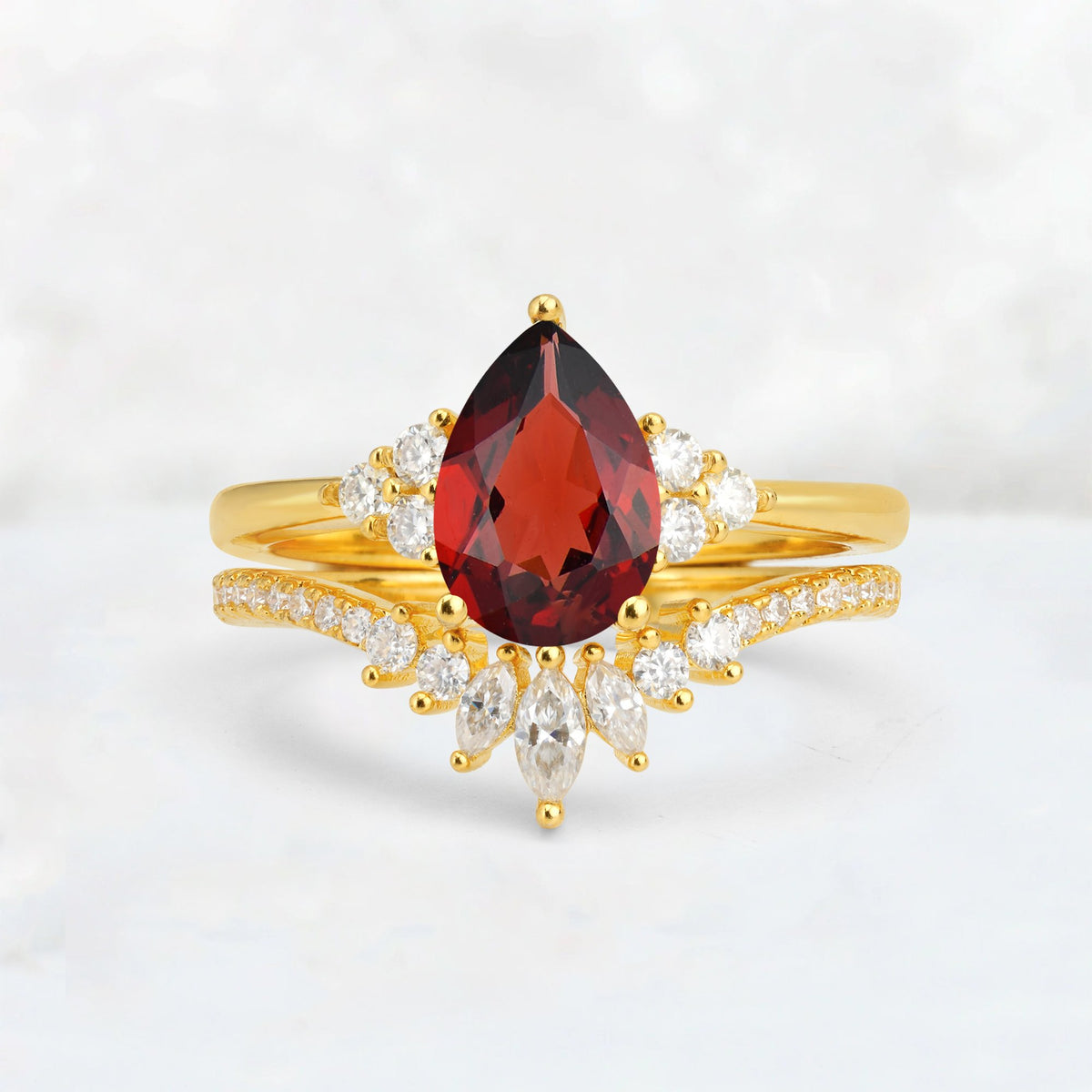 Pear Cut Garnet Floral Chevron Bridal Ring Set - Additional view