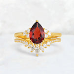 Pear Cut Garnet Floral Chevron Bridal Ring Set - Additional view