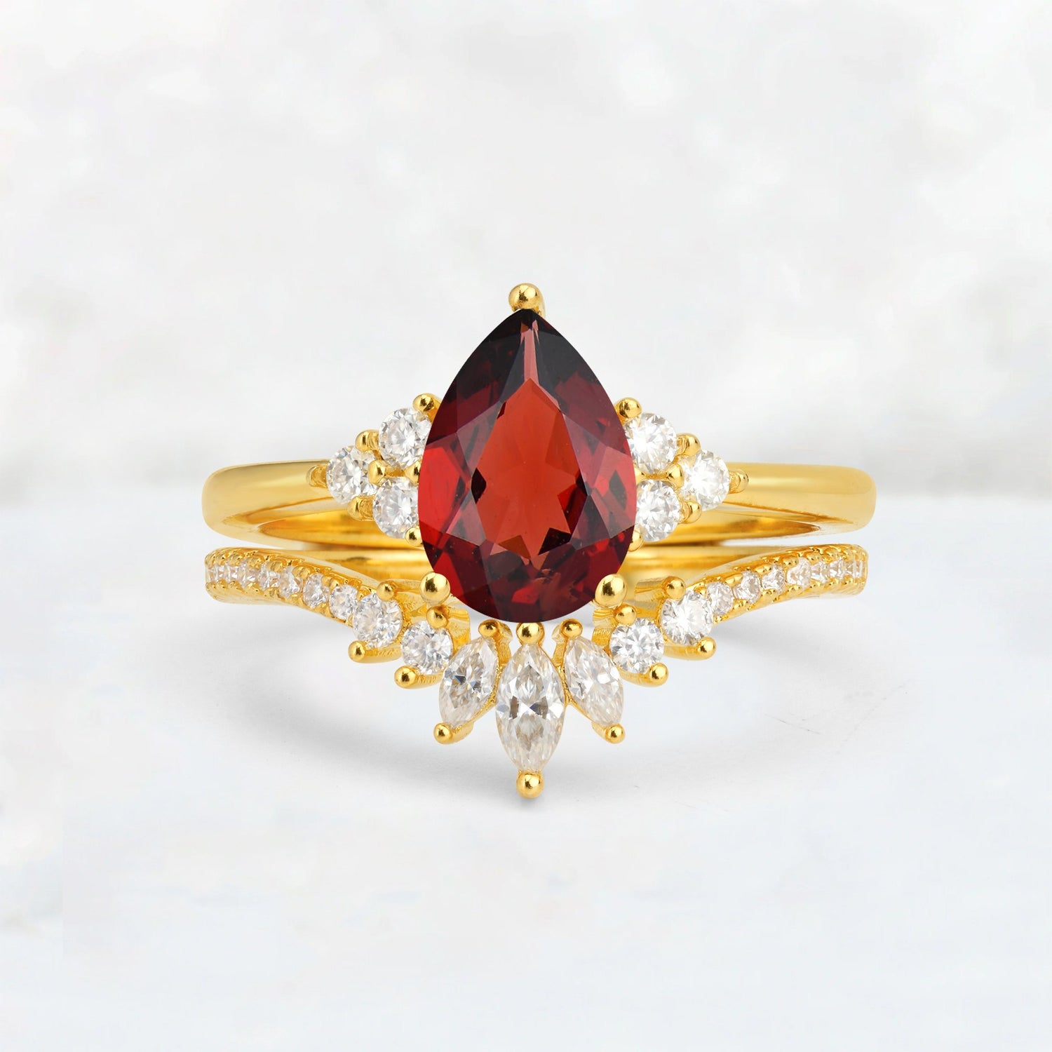 Pear Cut Garnet Floral Chevron Bridal Ring Set - Additional view