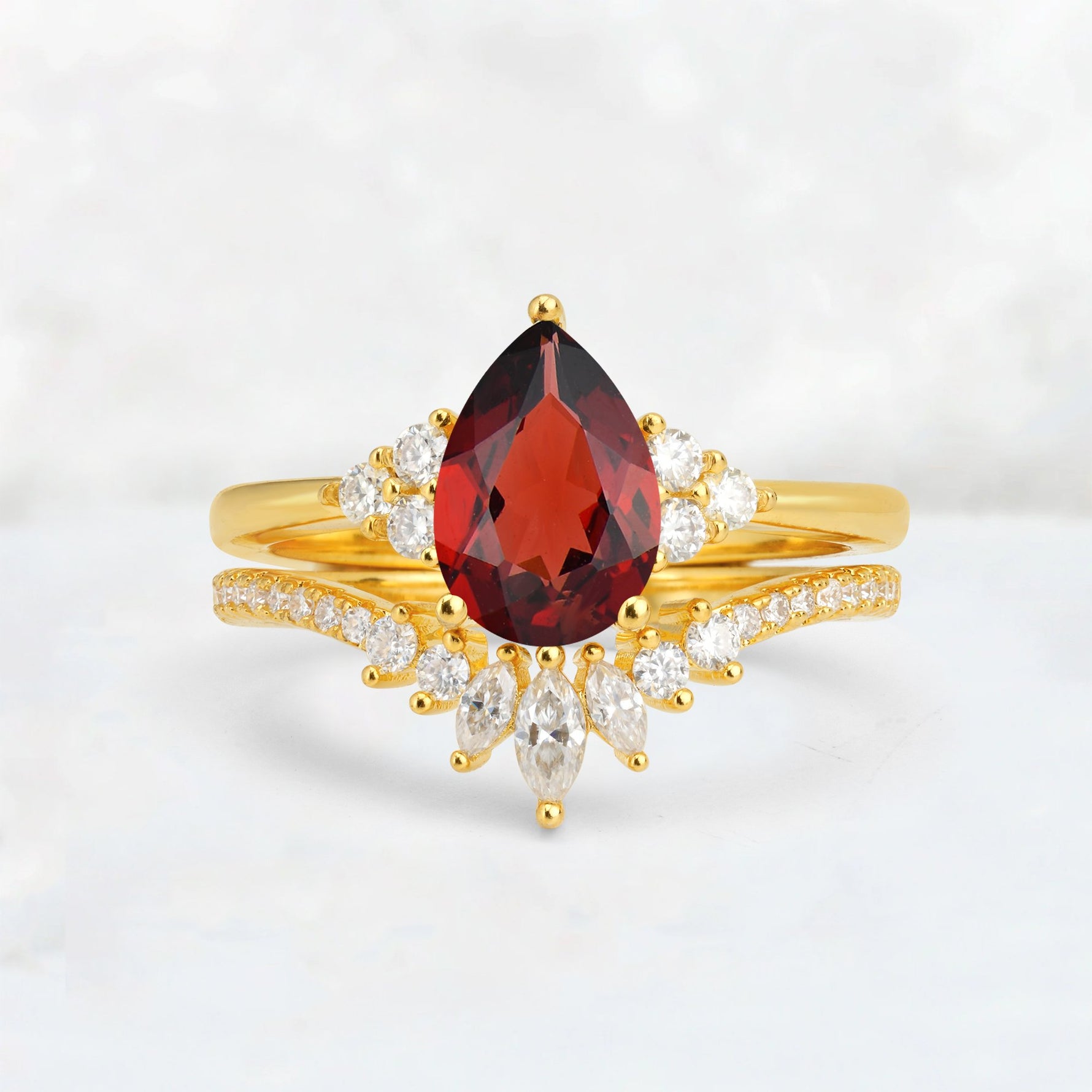 Pear Cut Garnet Floral Chevron Bridal Ring Set - Additional view
