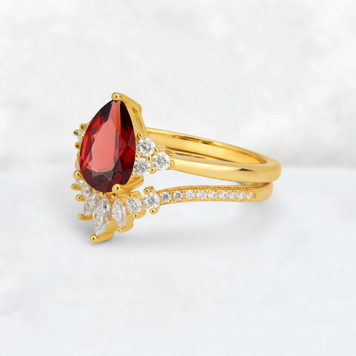 Pear Cut Garnet Floral Chevron Bridal Ring Set - Additional view