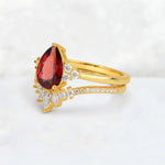 Pear Cut Garnet Floral Chevron Bridal Ring Set - Additional view