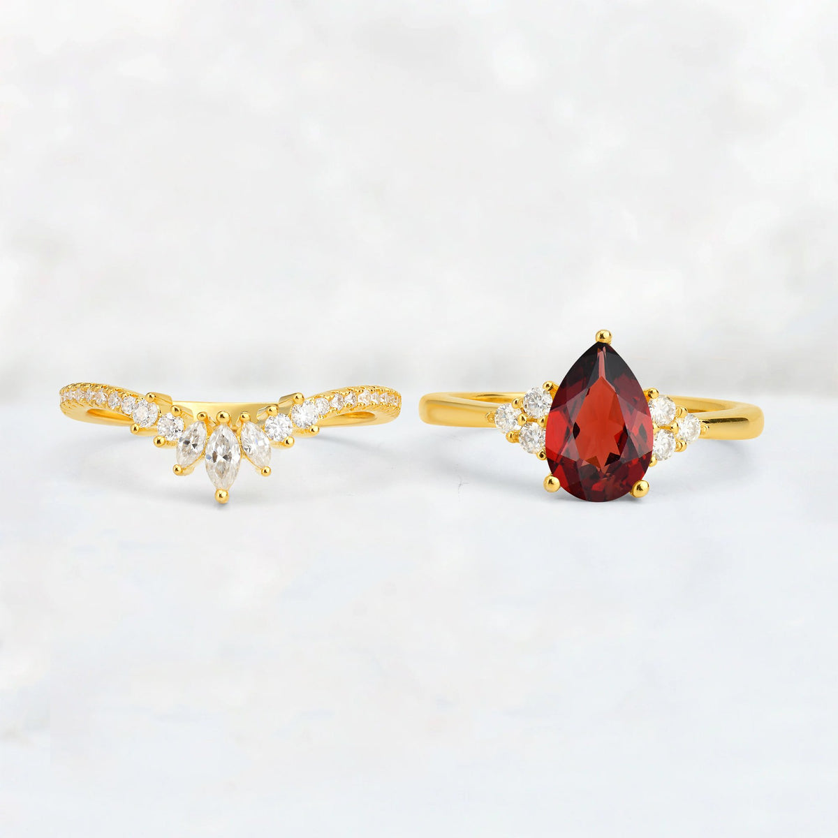 Pear Cut Garnet Floral Chevron Bridal Ring Set - Additional view