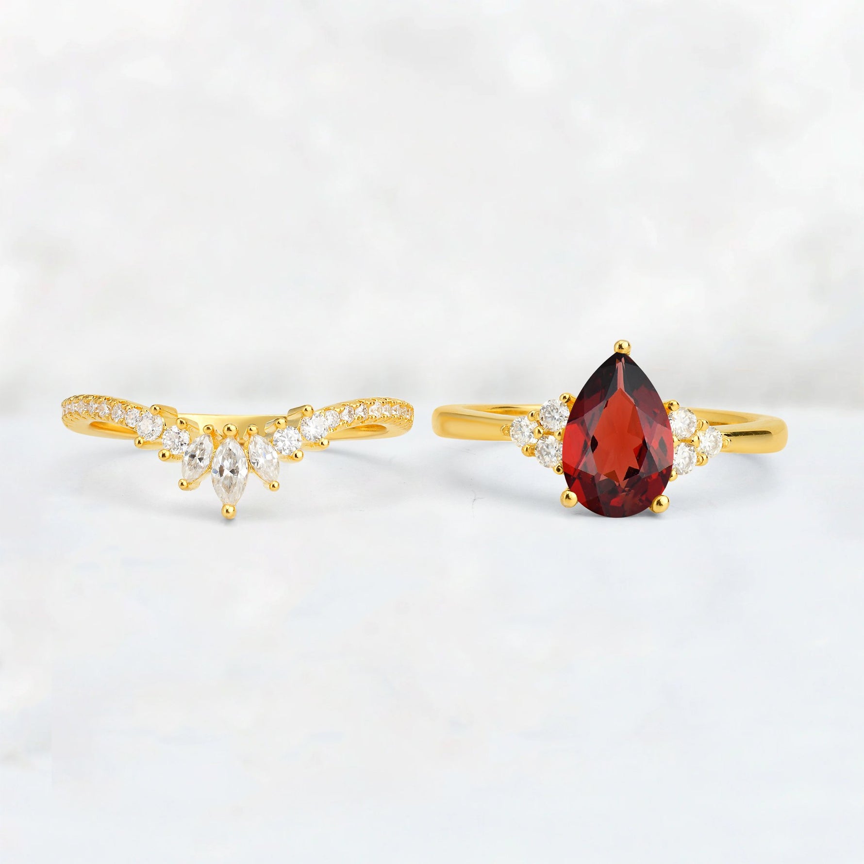 Pear Cut Garnet Floral Chevron Bridal Ring Set - Additional view