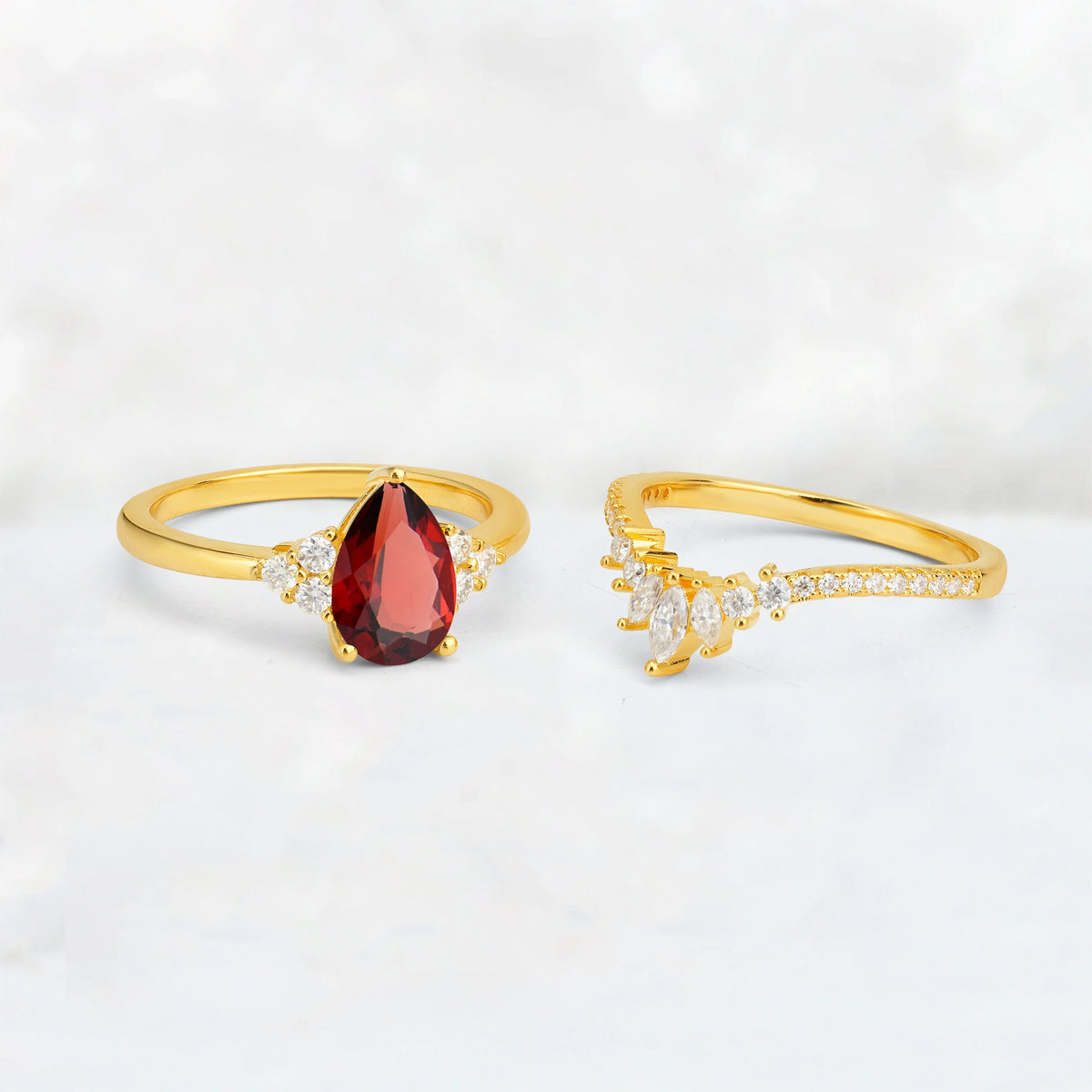 Pear Cut Garnet Floral Chevron Bridal Ring Set - Additional view