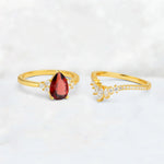Pear Cut Garnet Floral Chevron Bridal Ring Set - Additional view