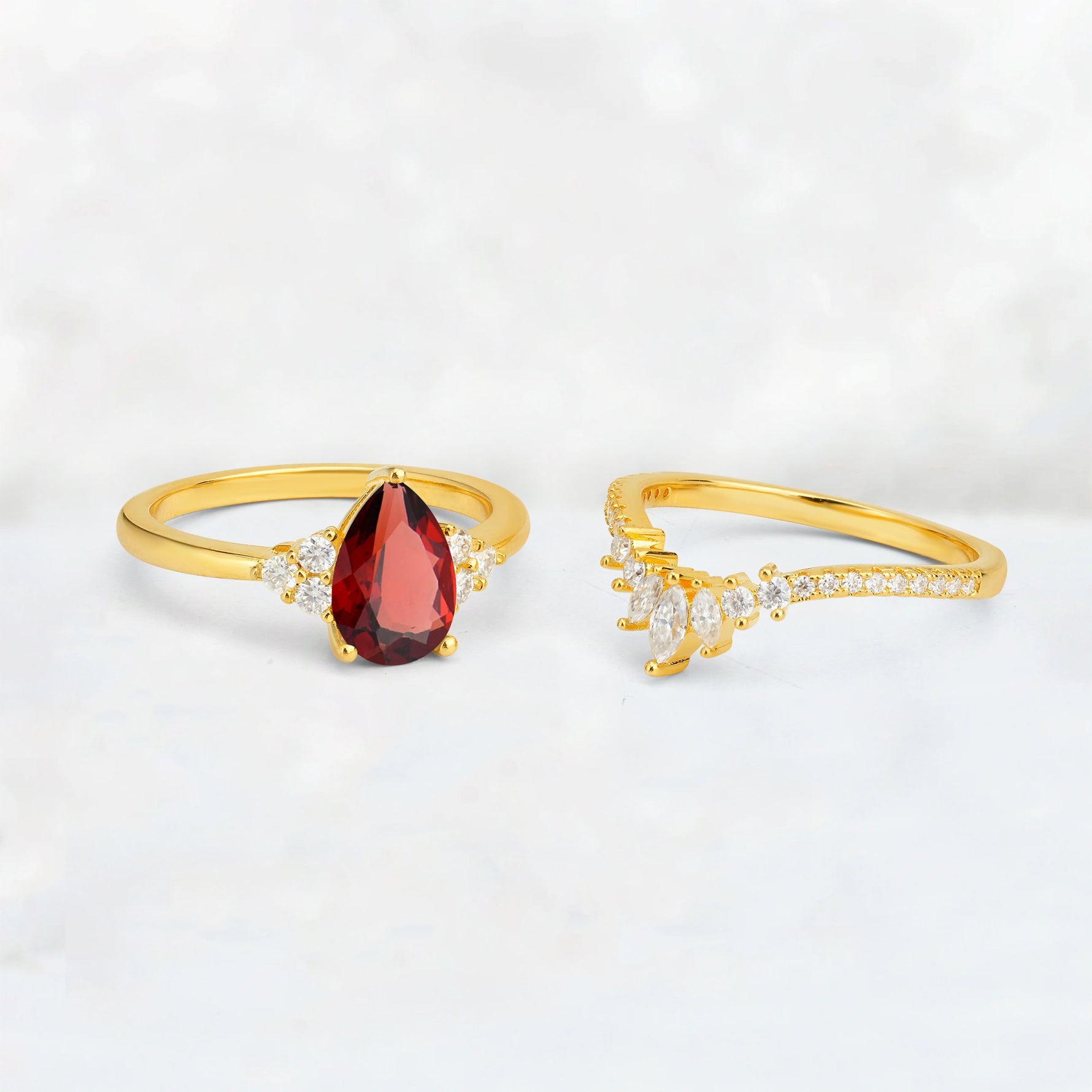 Pear Cut Garnet Floral Chevron Bridal Ring Set - Additional view