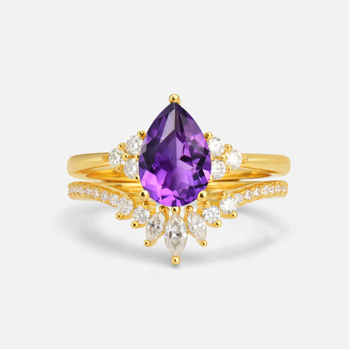 Pear Cut Amethyst Floral Chevron Bridal Ring Set - Additional view